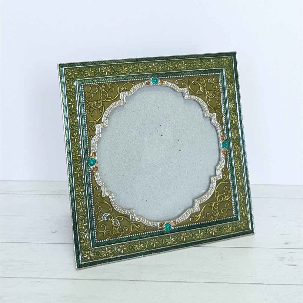 Square Jeweled Enamel Picture Frame Olive Green Rhinestone Ornate 4" Photo Heavy